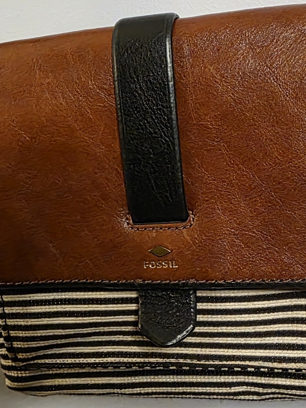 Fossil Kinley Small Crossbody Bag in a black stripe leather and canvas design